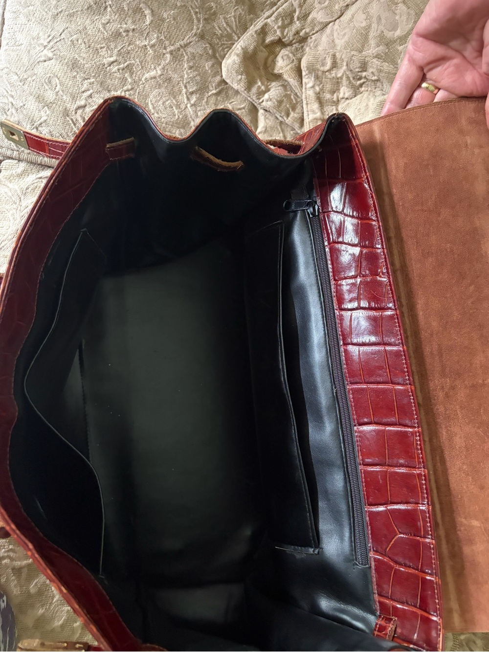 Croc-Embossed Oxblood Leather Tote /Valise with Top Handles - Picture 5 of 6